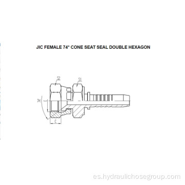 JIC Hembra de 74 ° Cono Doble Hexágono 26711D